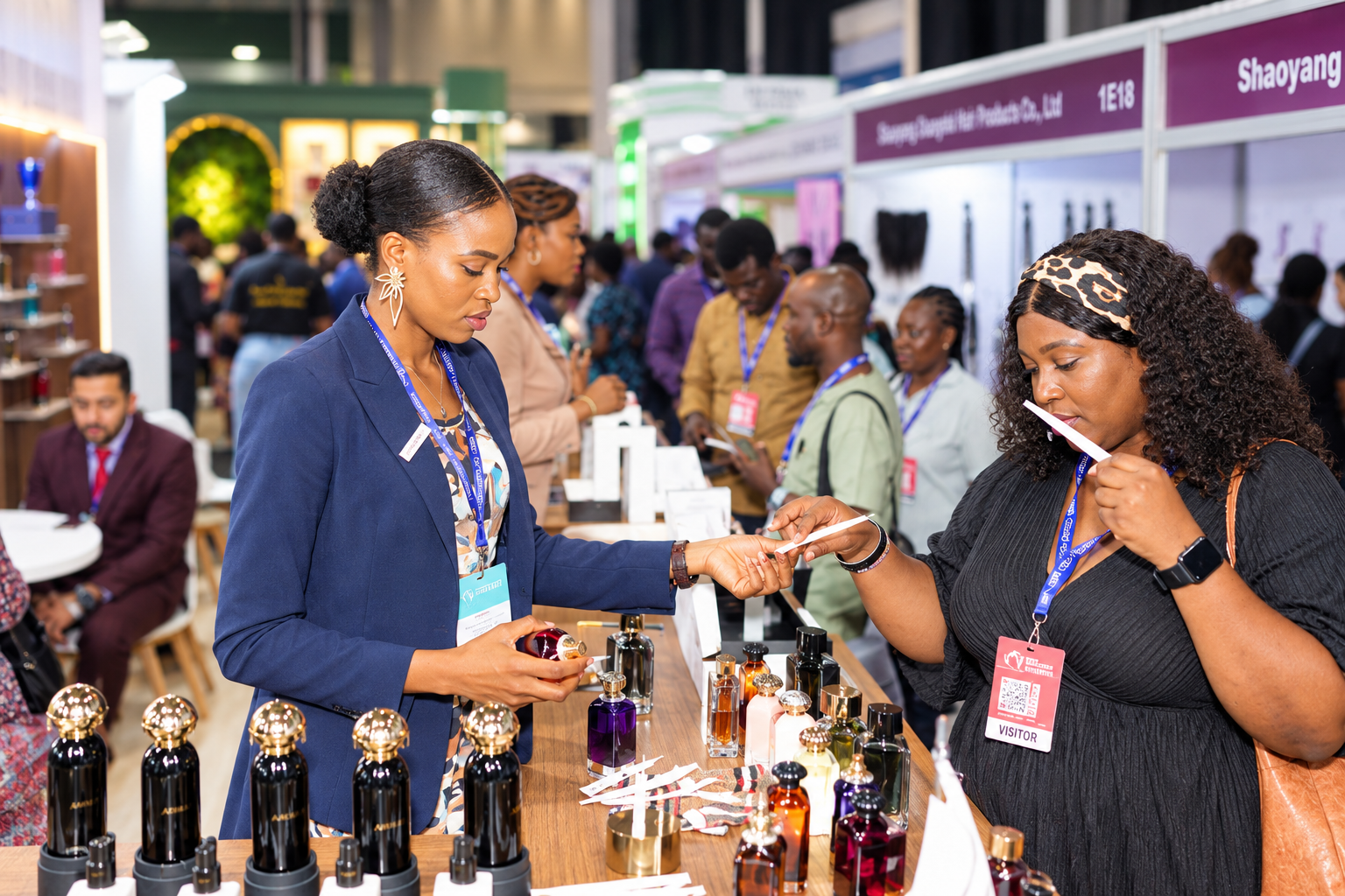 Fragrance sampling at a beauty trade exhibition